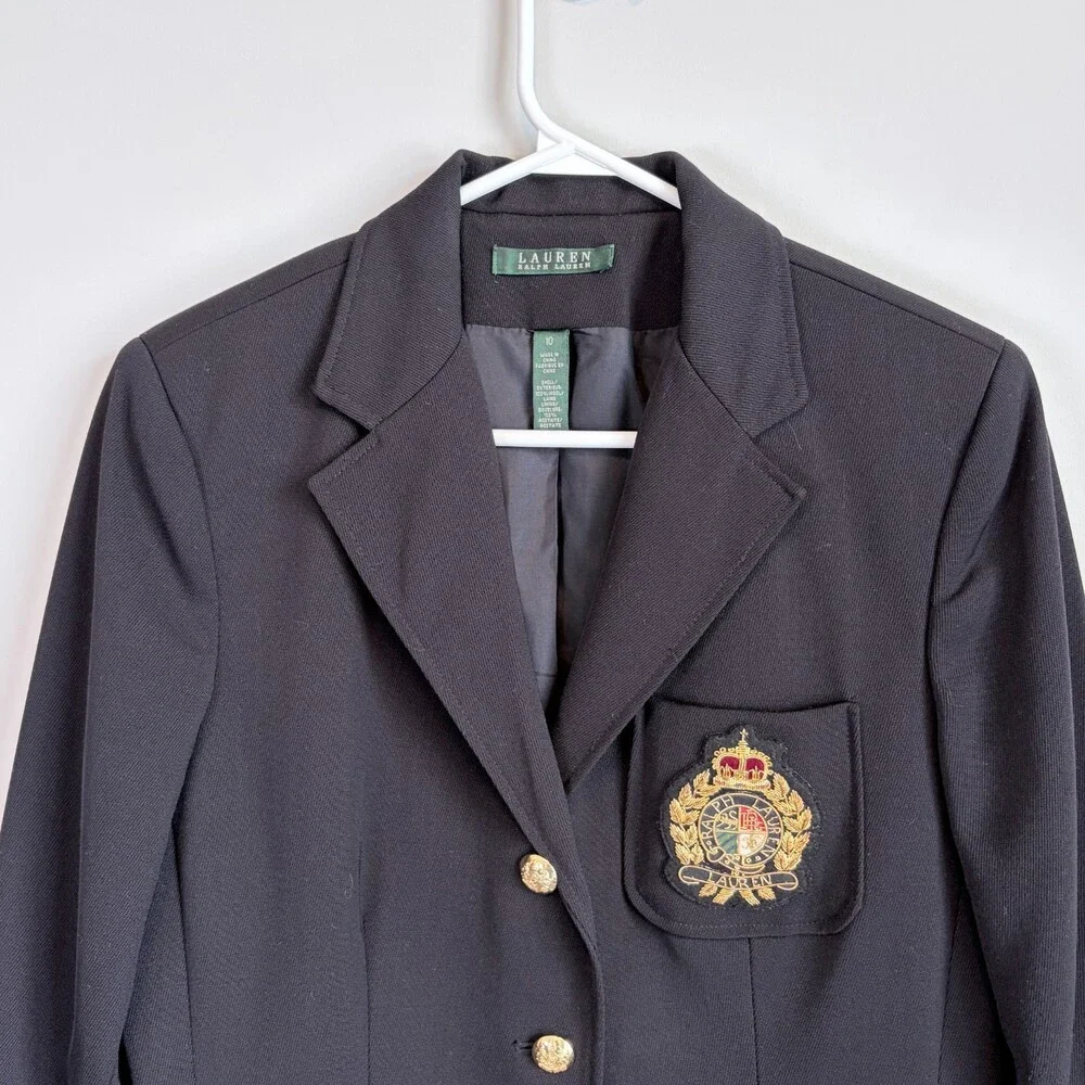 Lauren Ralph Lauren VTG Wool Crest Blazer Gold Button Preppy 90s Black Size 10 - Picture 3 of 16